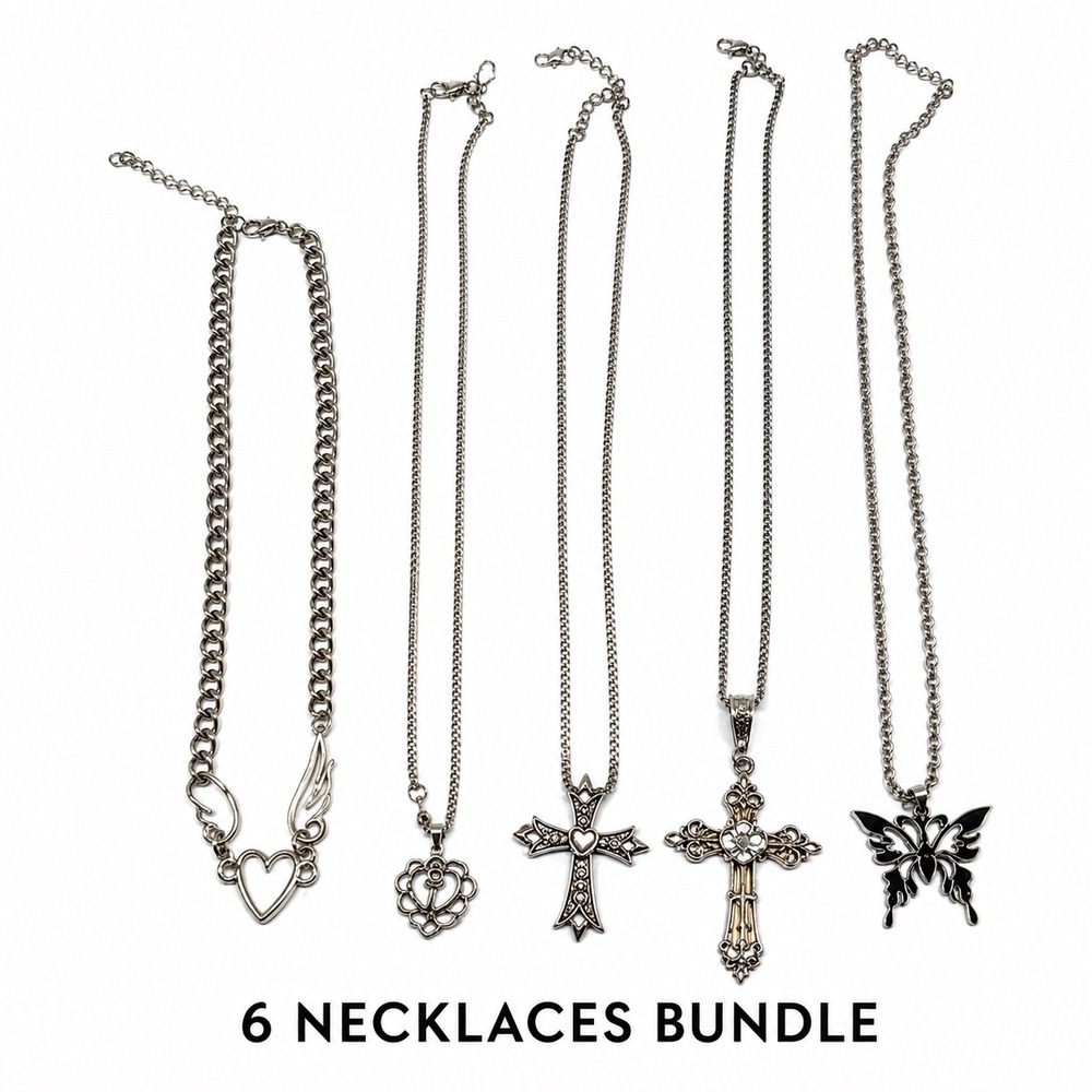 Silver Y2K Gothic Necklace Lot Cross Butterfly Fairy Angel Wing Heart 6pc Bundle